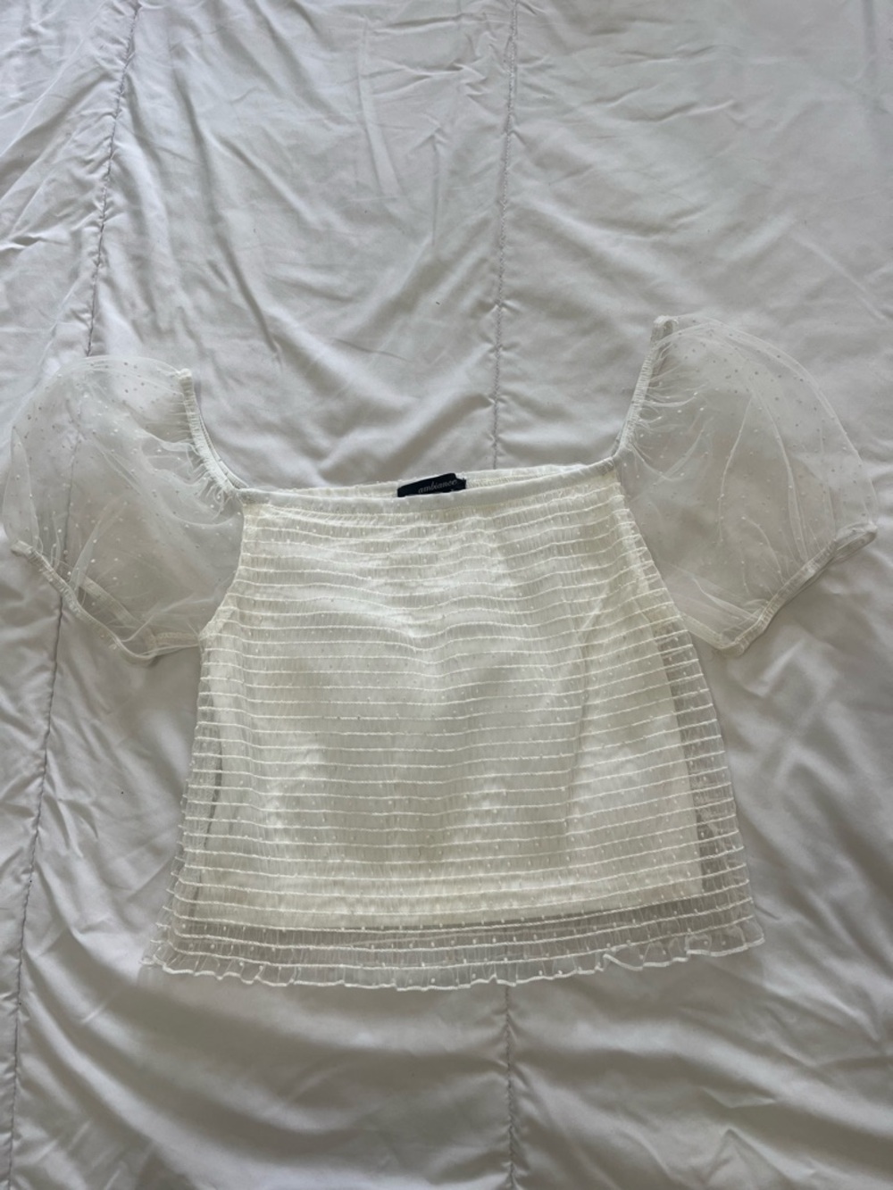 Sheer Puff Sleeve White Square-Neck Women's Top